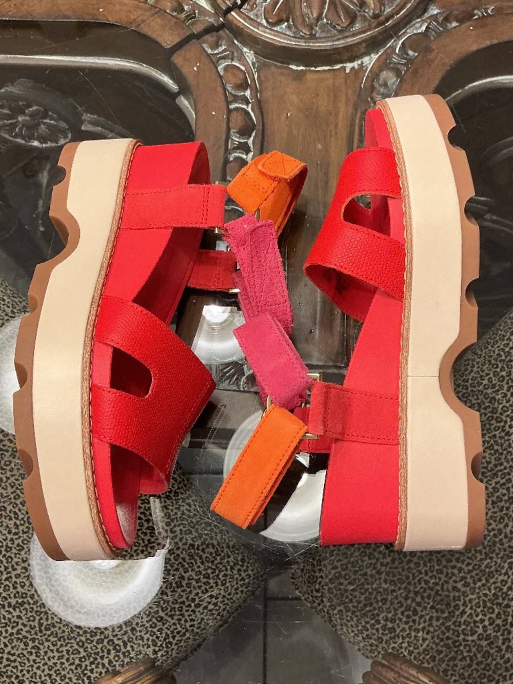 SOREL Joanie Pink and Orange Ankle Strap Wedge Sandals (size: 7)